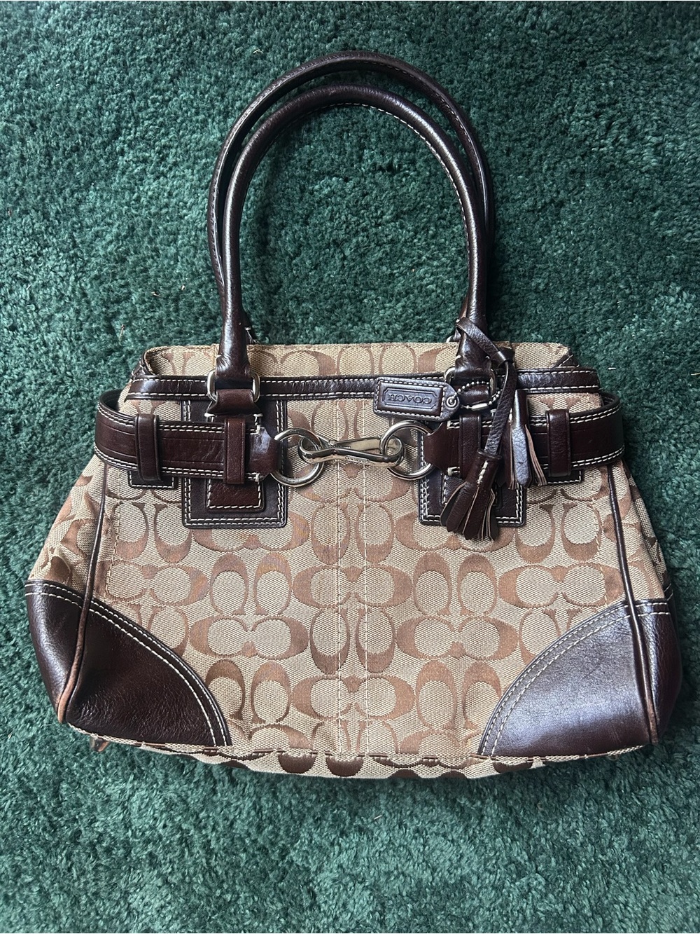 Coach Brown Hamptons Signature Carryall Handbag with Dark Brown Leather Trim